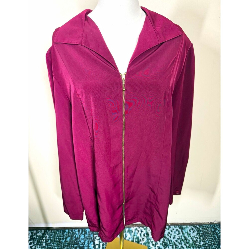 Susan Burrowes Women's Burgundy Collared Full Zip Long Sleeve Long Blouse 363